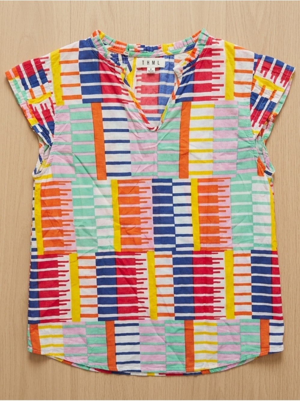 THML Multicolor Patchwork Stripe Ruffle Sleeve Blouse Size Small